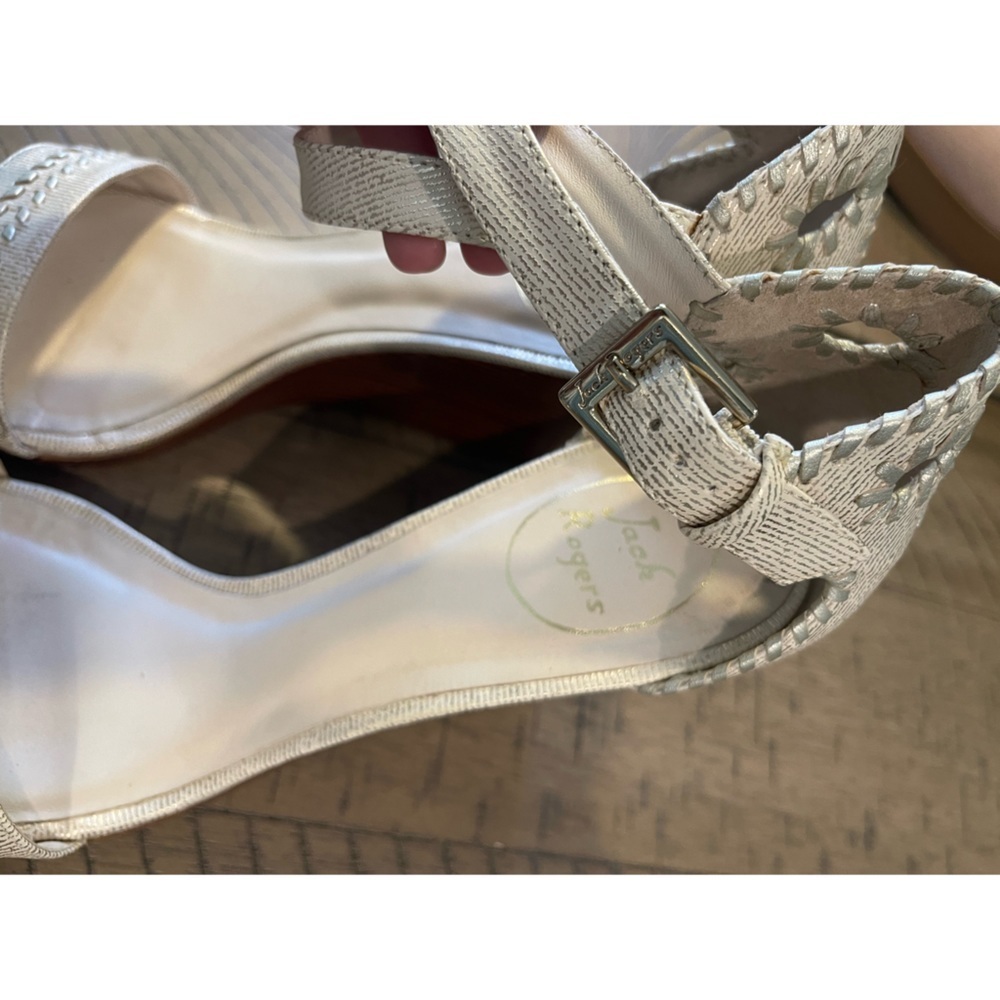 Jack Rogers Cream and Silver Open Toe Wooden Wedges with Ankle Strap - Picture 7 of 10